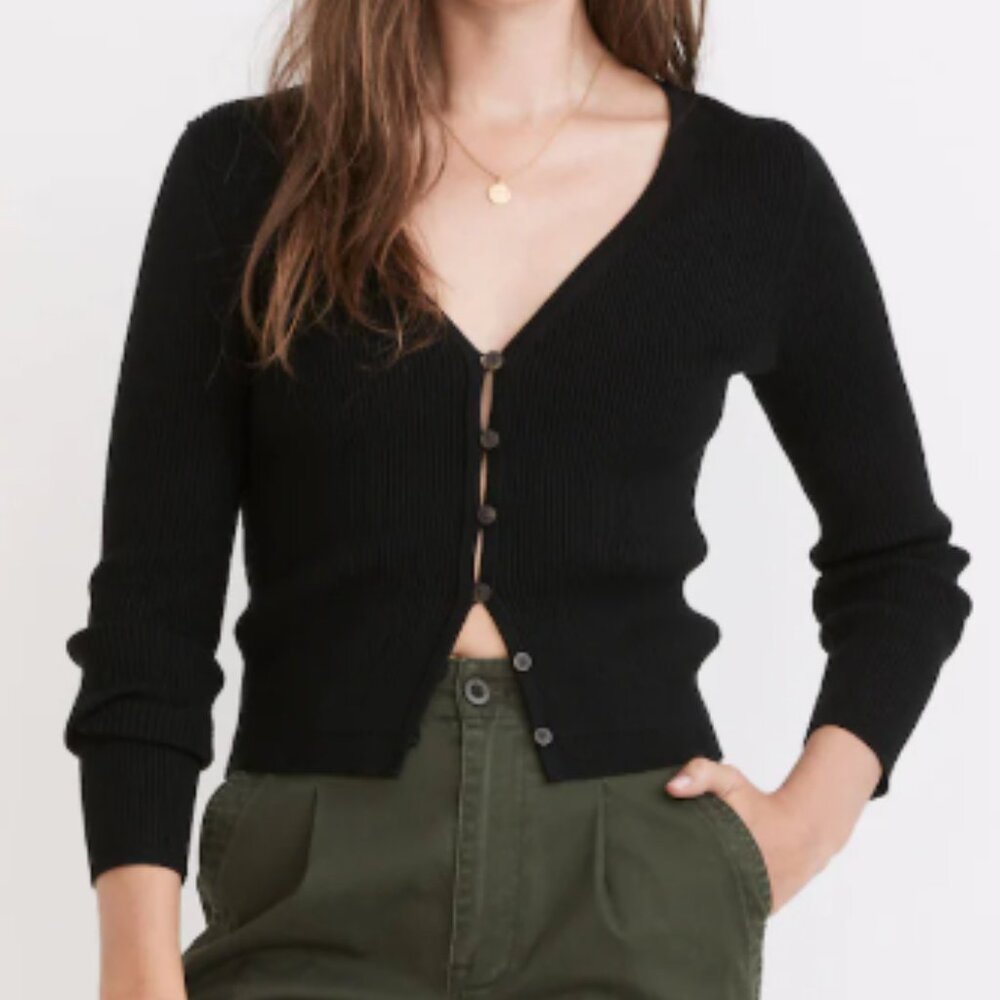 MADEWELL Carmon Ribbed V Neck Cardigan Sweater in True Black, M NWT